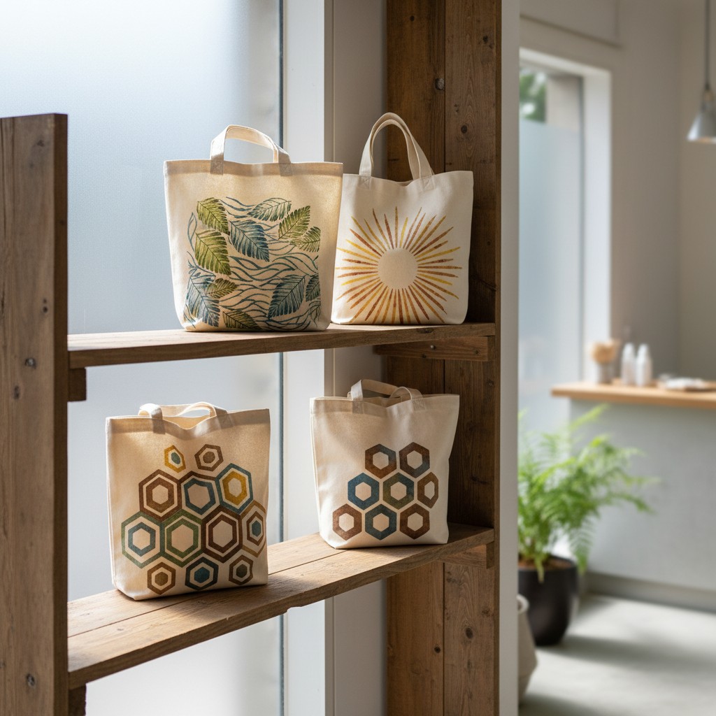 Light colored canvas cloth shopping bags, toting colorful and natural patterns, on a wooden shelf. Viewed against a white ...